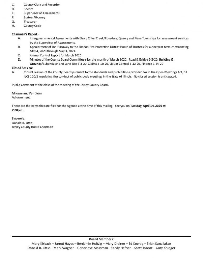 Jersey County Board To Meet Tuesday April 14, 2020 Jersey County Board Agenda - April 14, 2020 Pg. 2